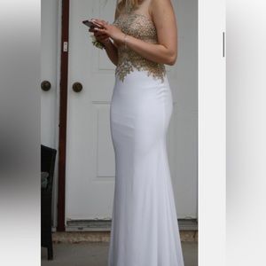 White Prom dress with gold silver embellishment open back